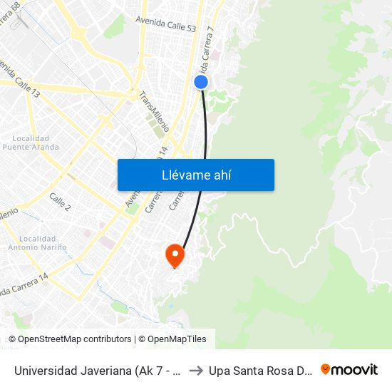 Universidad Javeriana (Ak 7 - Cl 40) (B) to Upa Santa Rosa De Lima map