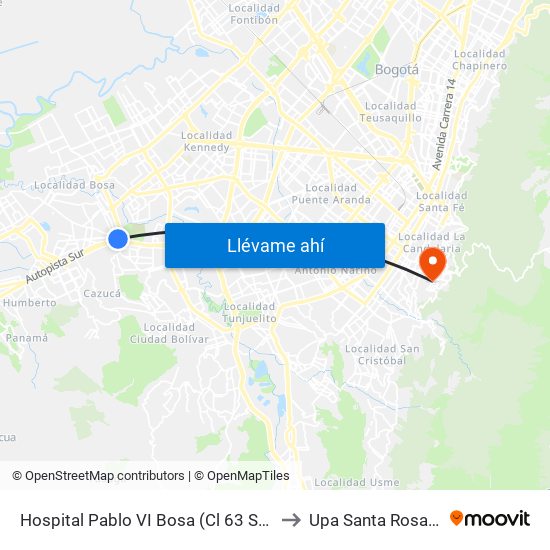 Hospital Pablo VI Bosa (Cl 63 Sur - Kr 77g) (A) to Upa Santa Rosa De Lima map