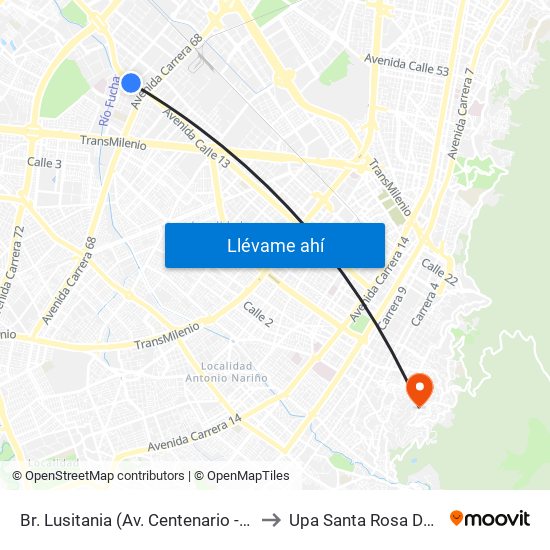 Br. Lusitania (Av. Centenario - Kr 68b) to Upa Santa Rosa De Lima map