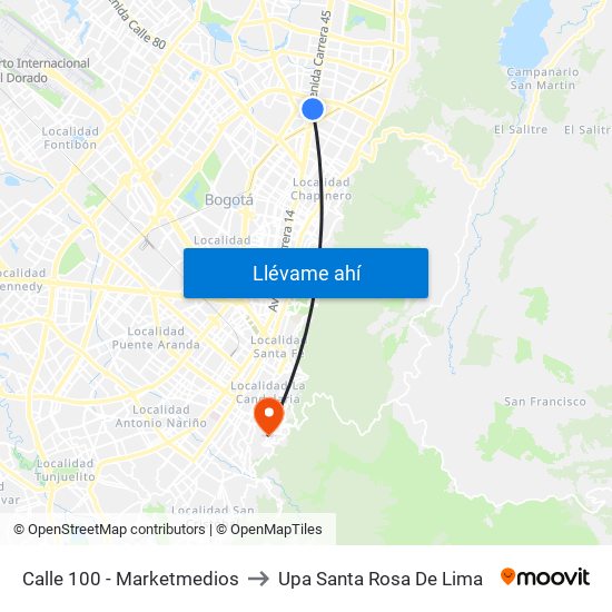 Calle 100 - Marketmedios to Upa Santa Rosa De Lima map
