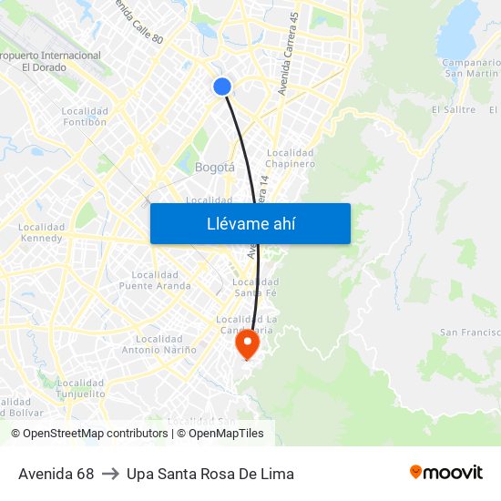 Avenida 68 to Upa Santa Rosa De Lima map