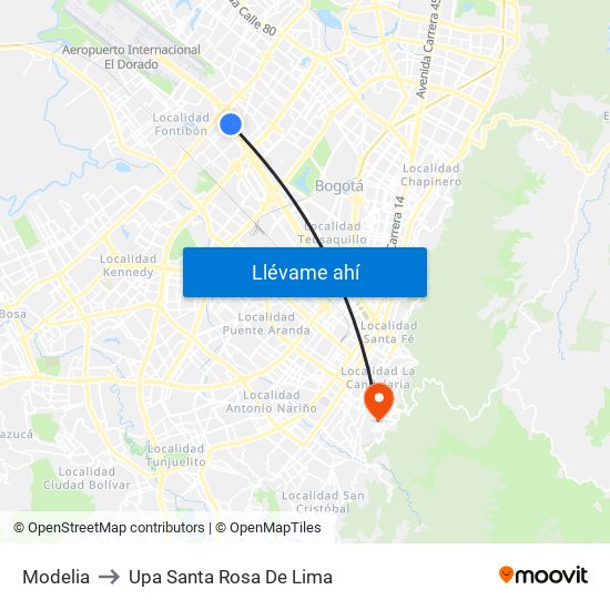 Modelia to Upa Santa Rosa De Lima map
