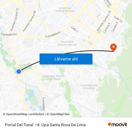 Portal Del Tunal to Upa Santa Rosa De Lima map