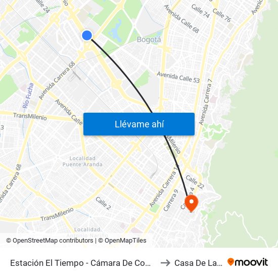 Estación El Tiempo - Cámara De Comercio De Bogotá (Ac 26 - Kr 68b Bis) to Casa De Las Mandolinas map