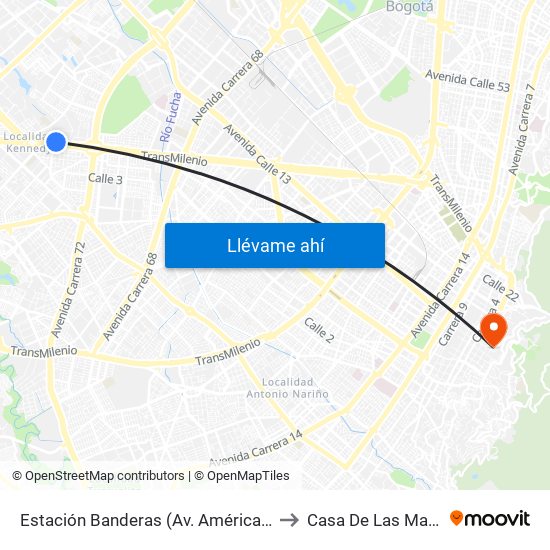 Estación Banderas (Av. Américas - Kr 78a) (A) to Casa De Las Mandolinas map