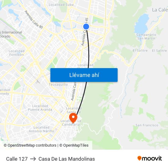 Calle 127 to Casa De Las Mandolinas map