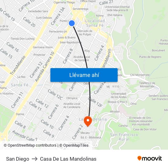 San Diego to Casa De Las Mandolinas map