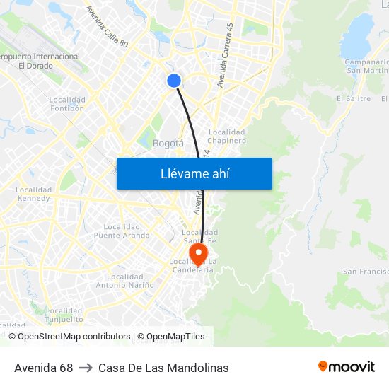 Avenida 68 to Casa De Las Mandolinas map
