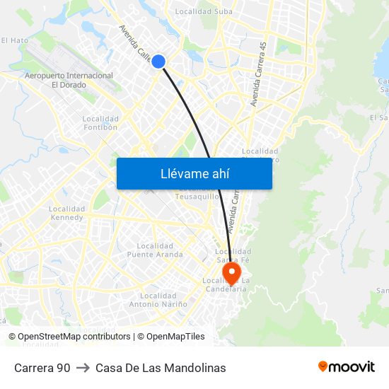 Carrera 90 to Casa De Las Mandolinas map