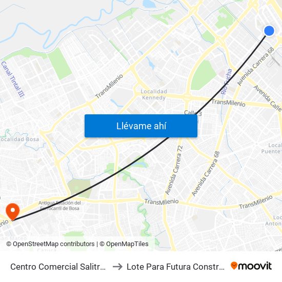 Centro Comercial Salitre Plaza (Av. La Esperanza - Kr 68b) to Lote Para Futura Construcción Del Hospital Mario Yanguas map