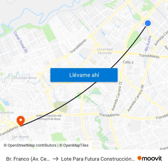 Br. Franco (Av. Centenario - Kr 69b) to Lote Para Futura Construcción Del Hospital Mario Yanguas map