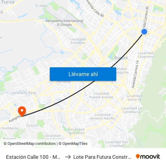 Estación Calle 100 - Marketmedios (Auto Norte - Cl 98) to Lote Para Futura Construcción Del Hospital Mario Yanguas map