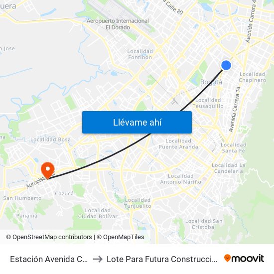 Estación Avenida Chile (Av. NQS - Cl 71c) to Lote Para Futura Construcción Del Hospital Mario Yanguas map