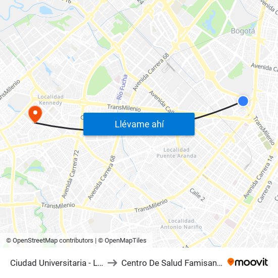 Ciudad Universitaria - Lotería De Bogotá to Centro De Salud Famisanar Cafam Kennedy map