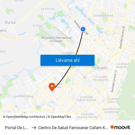 Portal De La 80 to Centro De Salud Famisanar Cafam Kennedy map