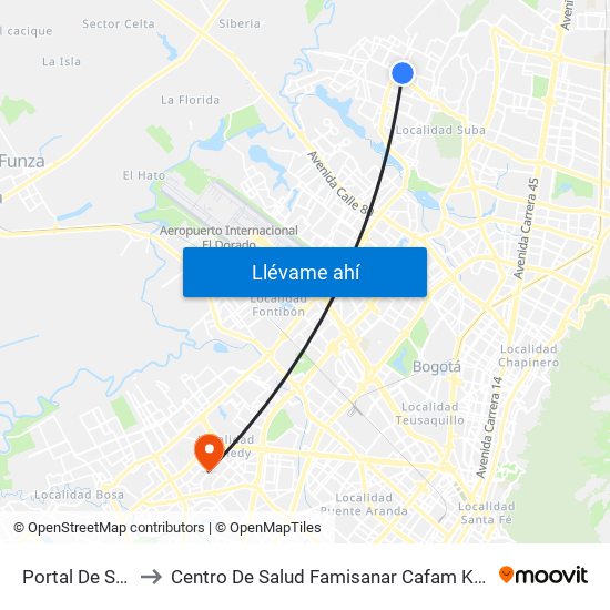 Portal De Suba to Centro De Salud Famisanar Cafam Kennedy map