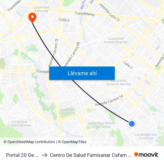 Portal 20 De Julio to Centro De Salud Famisanar Cafam Kennedy map