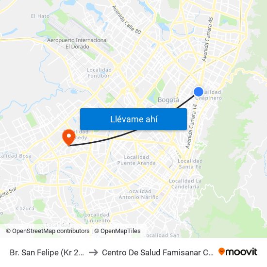 Br. San Felipe (Kr 20a - Cl 74) to Centro De Salud Famisanar Cafam Kennedy map