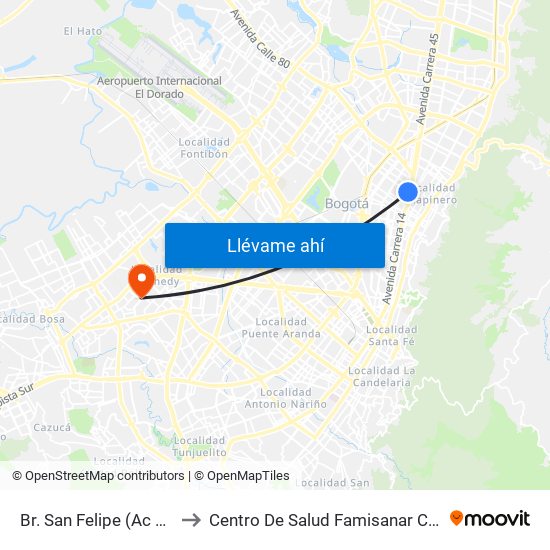 Br. San Felipe (Ac 72 - Kr 17) to Centro De Salud Famisanar Cafam Kennedy map