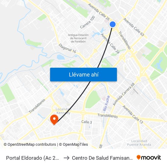 Portal Eldorado (Ac 26 - Av. C. De Cali) to Centro De Salud Famisanar Cafam Kennedy map