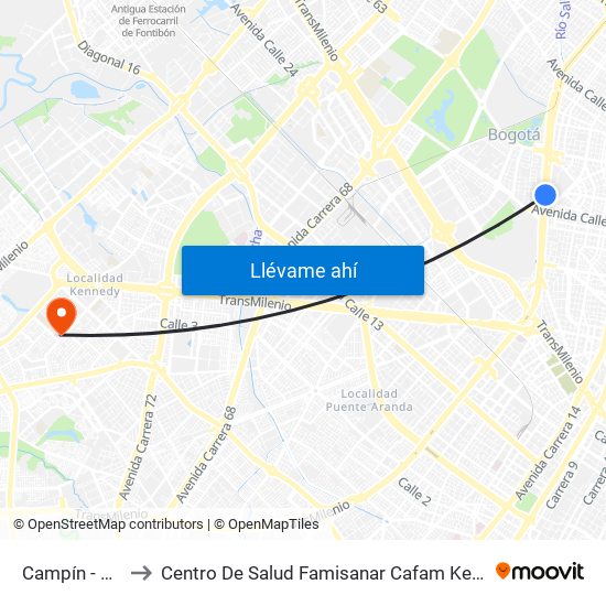 Campín - Uan to Centro De Salud Famisanar Cafam Kennedy map