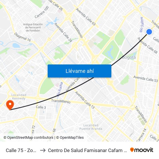 Calle 75 - Zona M to Centro De Salud Famisanar Cafam Kennedy map