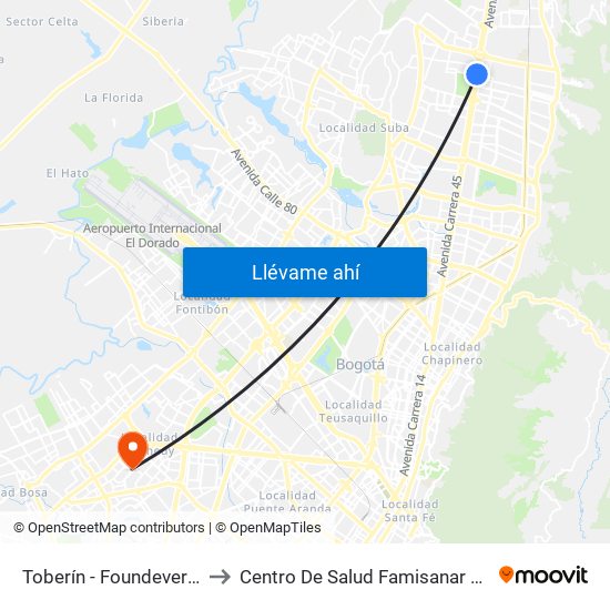 Toberín - Foundever (Lado Sur) to Centro De Salud Famisanar Cafam Kennedy map