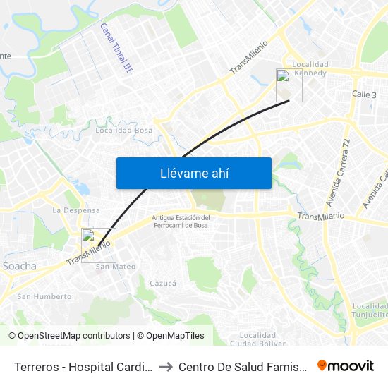 Terreros - Hospital Cardiovascular (Lado Sur) to Centro De Salud Famisanar Cafam Kennedy map