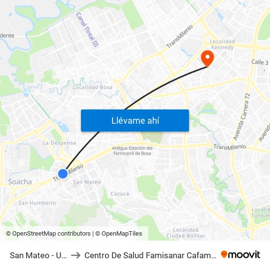 San Mateo - Unisur to Centro De Salud Famisanar Cafam Kennedy map