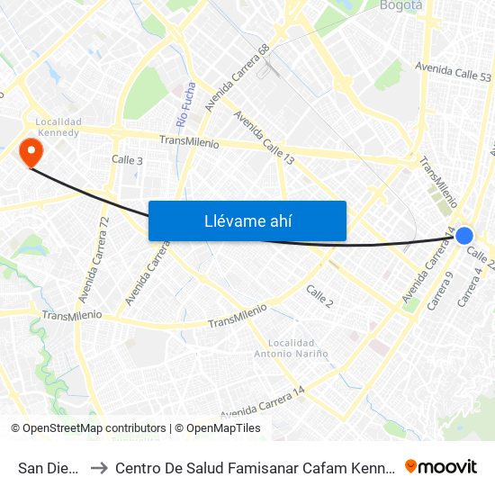 San Diego to Centro De Salud Famisanar Cafam Kennedy map