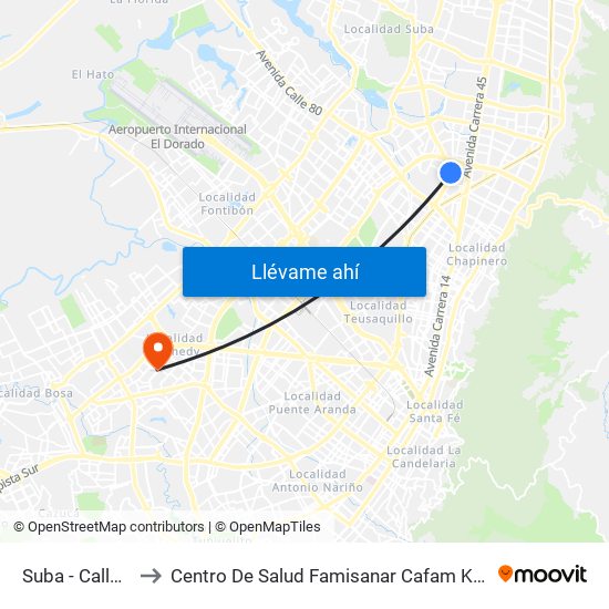 Suba - Calle 95 to Centro De Salud Famisanar Cafam Kennedy map