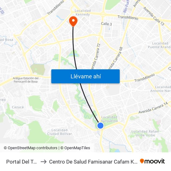 Portal Del Tunal to Centro De Salud Famisanar Cafam Kennedy map