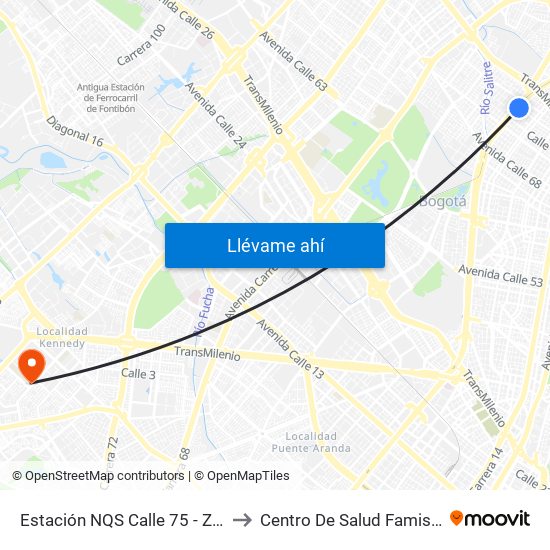 Estación NQS Calle 75 - Zona M (Av. NQS - Cl 75) to Centro De Salud Famisanar Cafam Kennedy map