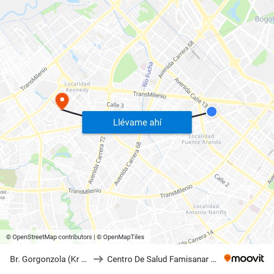 Br. Gorgonzola (Kr 43 - Cl 12b) to Centro De Salud Famisanar Cafam Kennedy map