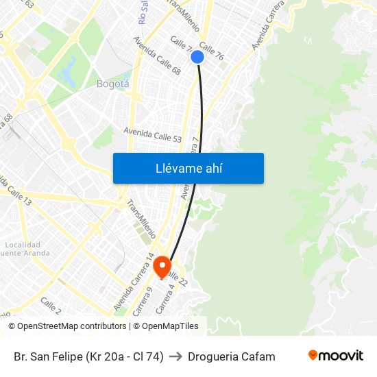 Br. San Felipe (Kr 20a - Cl 74) to Drogueria Cafam map