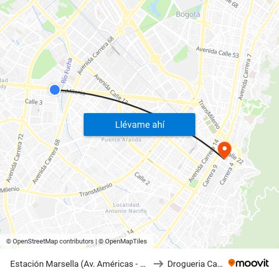 Estación Marsella (Av. Américas - Kr 69b) to Drogueria Cafam map