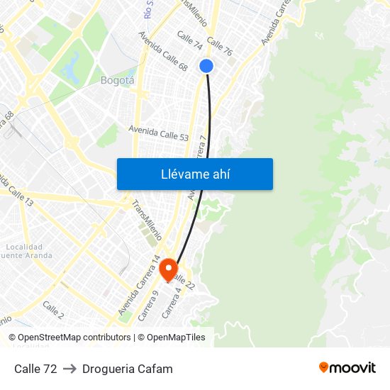 Calle 72 to Drogueria Cafam map