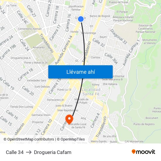 Calle 34 to Drogueria Cafam map