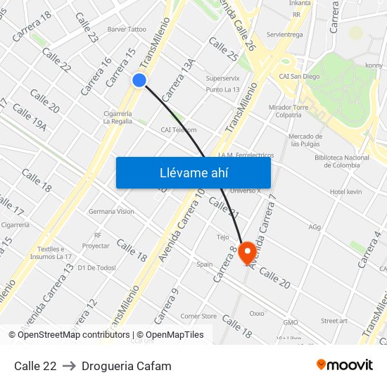 Calle 22 to Drogueria Cafam map