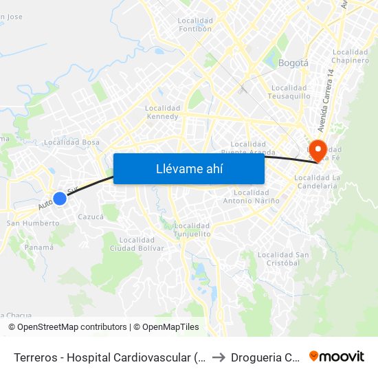 Terreros - Hospital Cardiovascular (Lado Sur) to Drogueria Cafam map