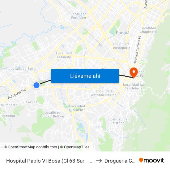 Hospital Pablo VI Bosa (Cl 63 Sur - Kr 77g) (A) to Drogueria Cafam map
