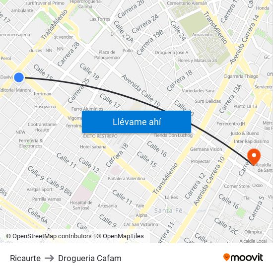 Ricaurte to Drogueria Cafam map