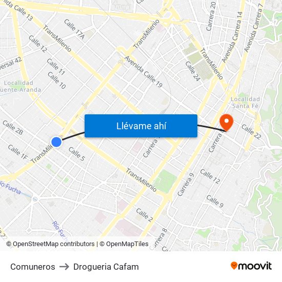 Comuneros to Drogueria Cafam map