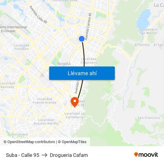 Suba - Calle 95 to Drogueria Cafam map