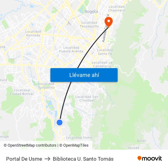 Portal De Usme to Biblioteca U. Santo Tomás map