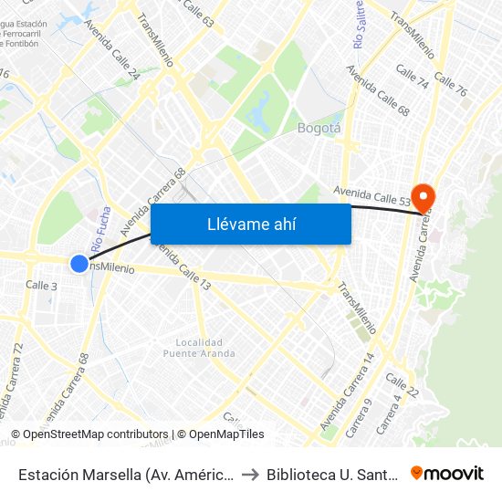 Estación Marsella (Av. Américas - Kr 69b) to Biblioteca U. Santo Tomás map