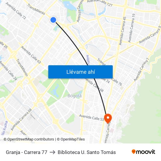 Granja - Carrera 77 to Biblioteca U. Santo Tomás map