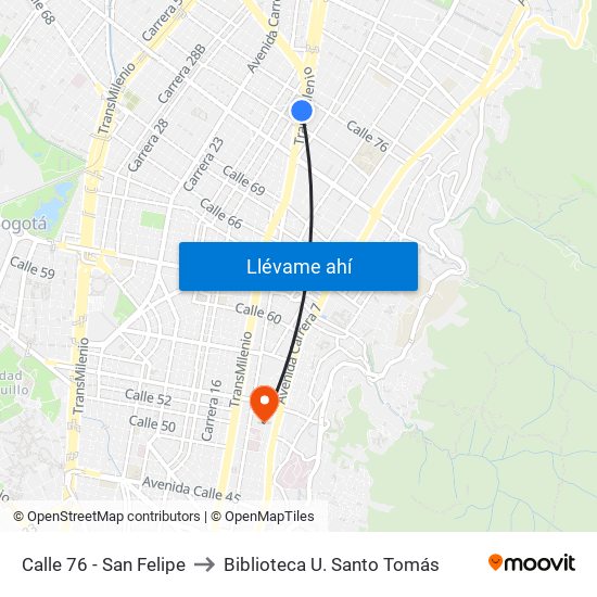 Calle 76 - San Felipe to Biblioteca U. Santo Tomás map