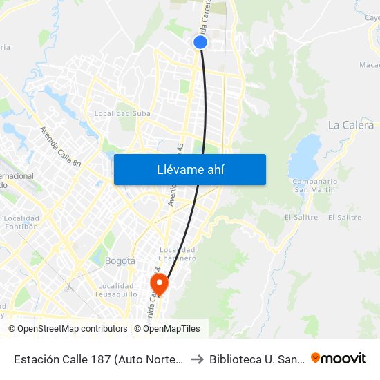 Estación Calle 187 (Auto Norte - Cl 187 Bis) (A) to Biblioteca U. Santo Tomás map