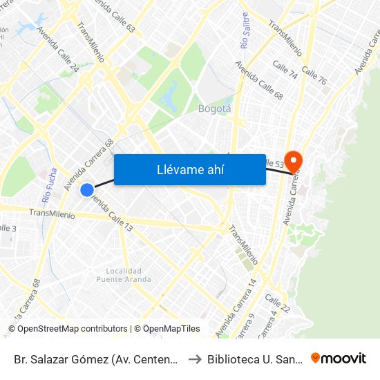 Br. Salazar Gómez (Av. Centenario - Kr 65) (A) to Biblioteca U. Santo Tomás map